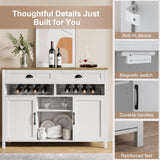 Vividwood 47.2" Modern Farmhouse Wine Bar Cabinet with Wine & Glass Rack, 2 Drawers Buffet Sideboard Storage for Kitchen, Living Room, Dining Room - Coffee & Liquor Station Cabinet (White) Vividwood