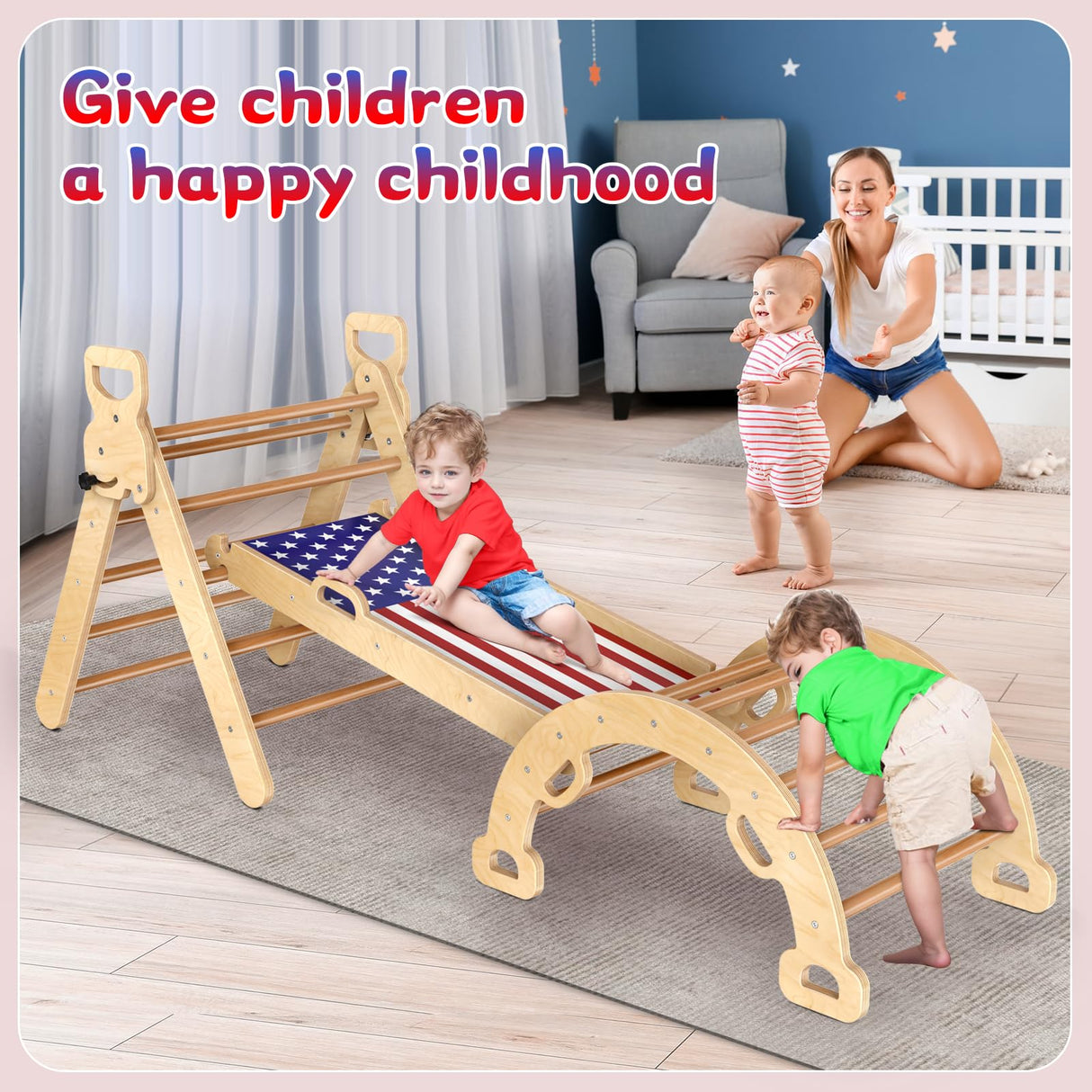 Xickboke Pikler Triangle Set Flag Style Wooden Montessori Climbing Set Foldable Pickler-3-Piece Climbing Gym with Triangle Climbing Frame, Arch, Ramp, Indoor Climbing Toys for Children Aged 1-3 Xickboke