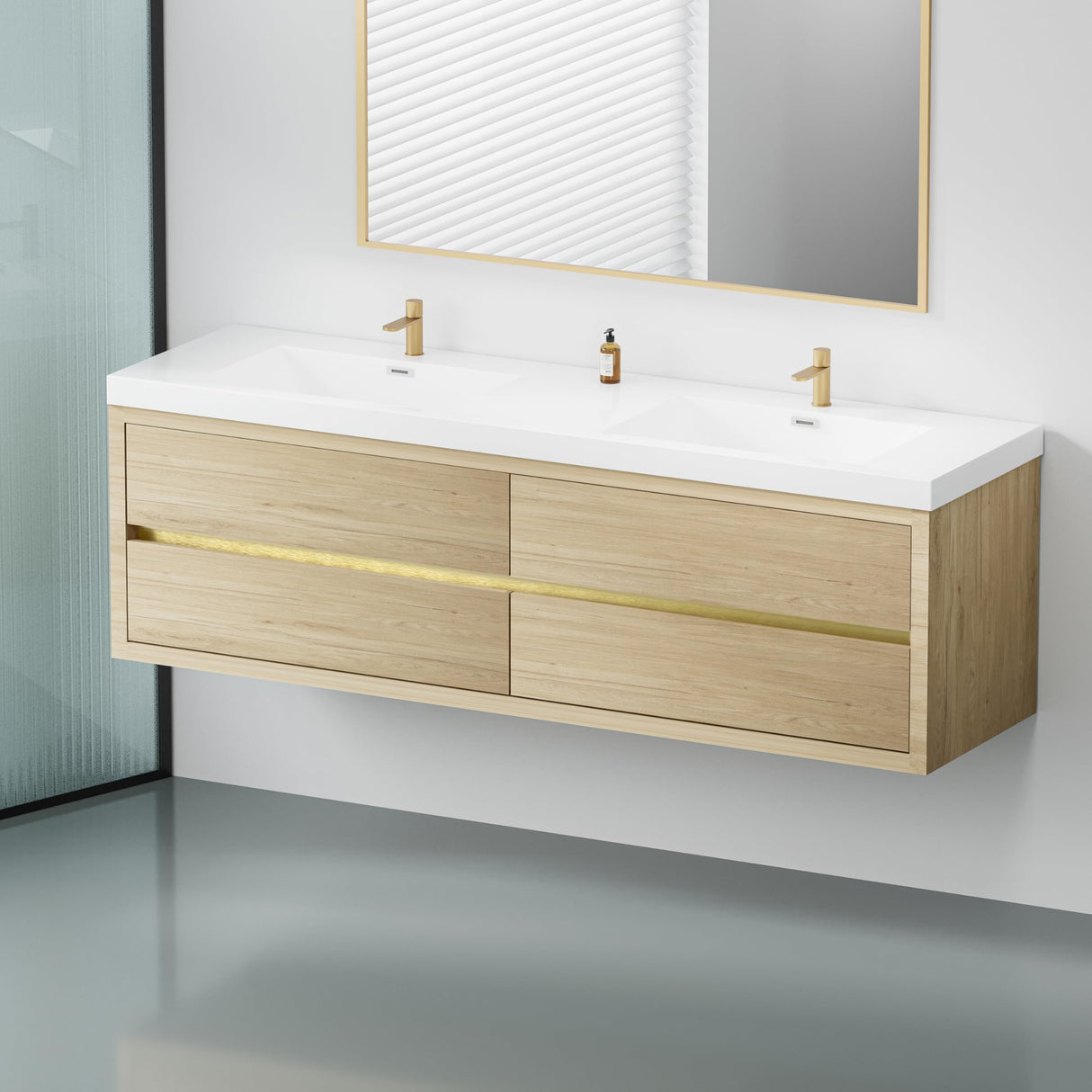 cieloshinerico 72 Inch Floating Bathroom Vanity with Double Sinks, Wall-Mounted Bathroom Storage Cabinet with Stone Resin Countertop and Soft Close Drawers, Natural Oak cieloshinerico