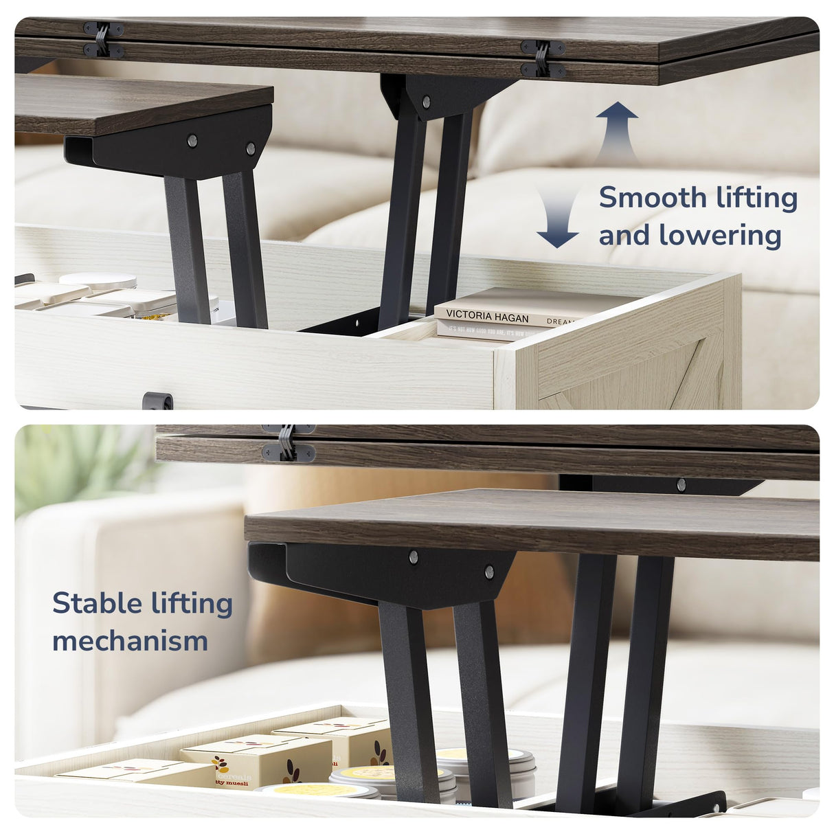 BELLEZE Lift Top Coffee Table, 44" Farmhouse Coffee Table with Storage & Sliding Barn Doors, 3 in 1 Multi-Function Coffee Table for Living Room, Dining Reception Room, Lawson - White Sand BELLEZE