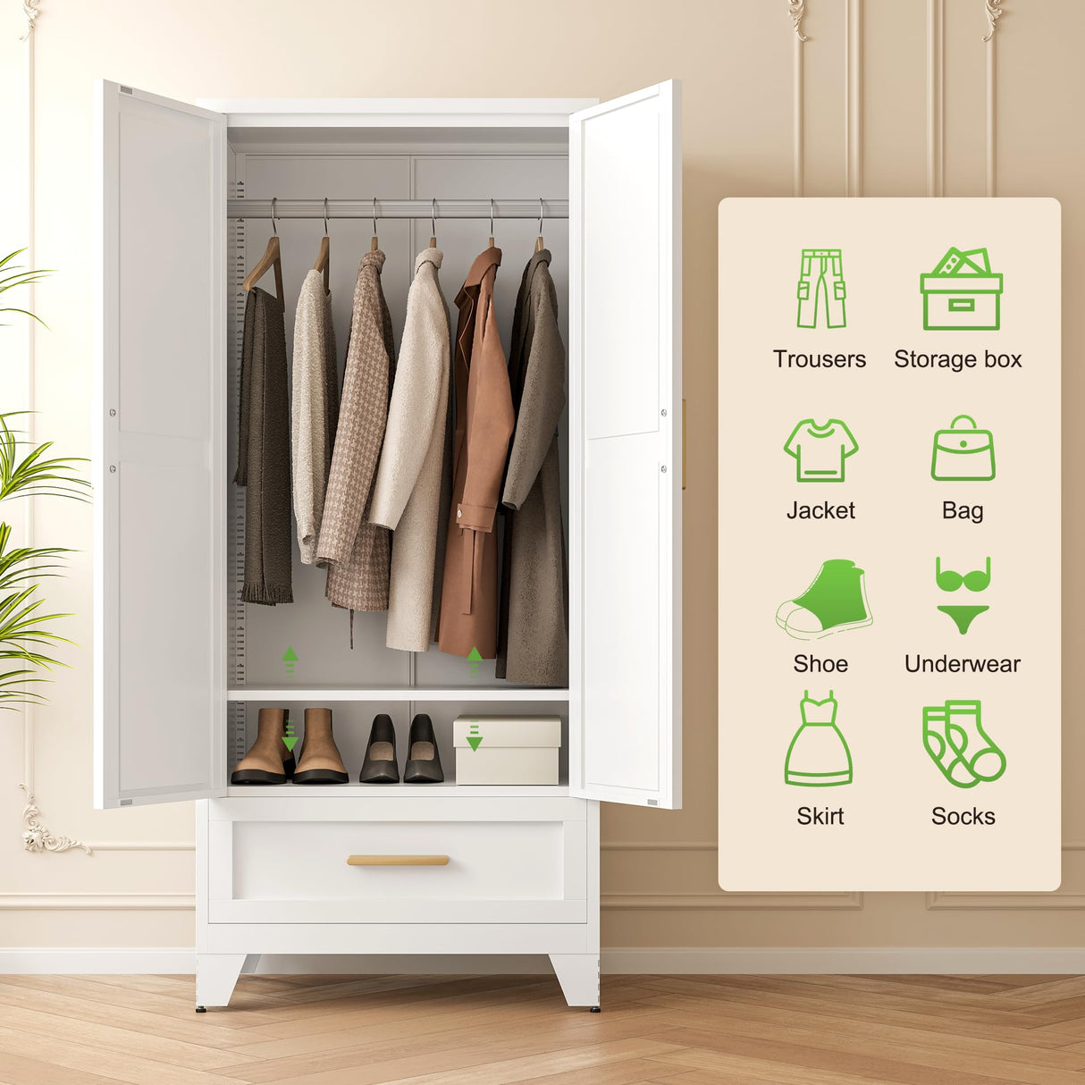 Washsemba 71'' Farmhouse Metal Wardrobe Cabinet with Hanging Rod, 2 Barn Door Wardrobe Closet with Adjustable Shelves,Drawer,for Dining Room,Bedroom,Living Room, Cloak Room,Office (White) Washsemba