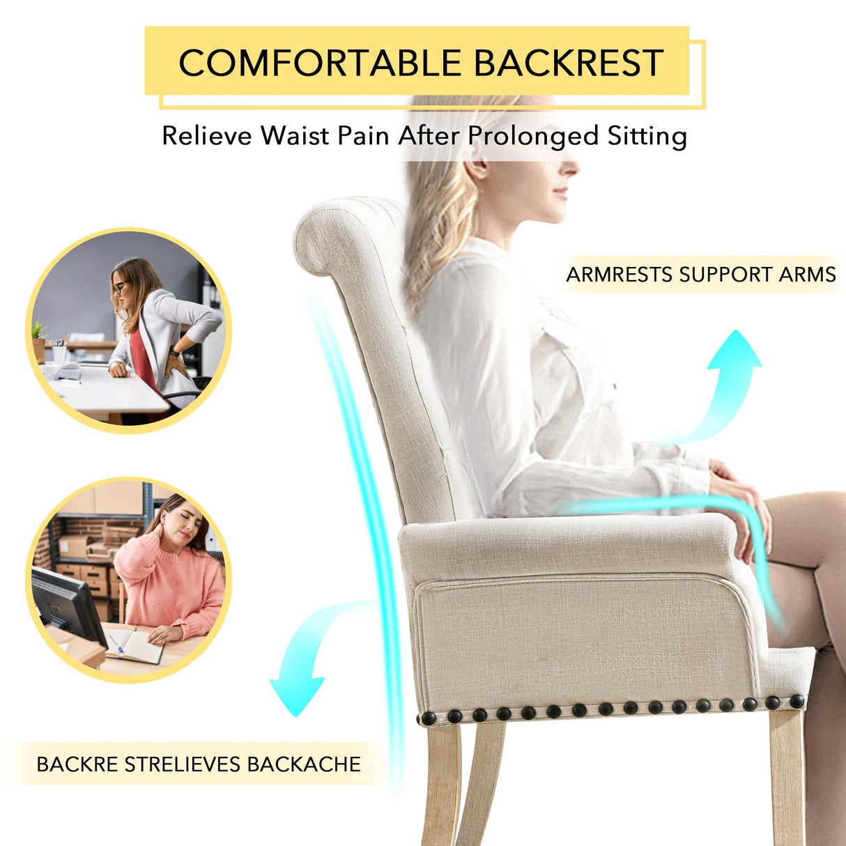 adochr Upholstered Fabric Accent Dining Chair, Elegant Tufted Club Dining Room Kitchen Room Arm Dining Chair, Beige adochr