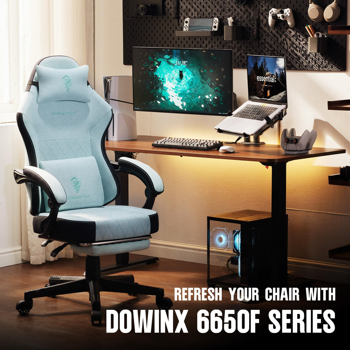Dowinx Gaming Chair Fabric with Pocket Spring Cushion, High Back Ergonomic Computer Chair with Footrest for Adults, Massage Lumbar Support Swivel Game Chair for Office Gaming 300LBS, Aqua Dowinx