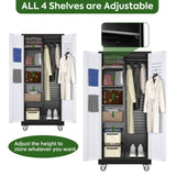 Broom Closet Storage Cabinet with Wheels and Pegboard, Metal Garage Storage Cabinet with Magnetic Doors,Adjustable Shelves for Garage Home Office,Required Assembly,Black and White,71"H×15.75"D×31.5"W Reemoon