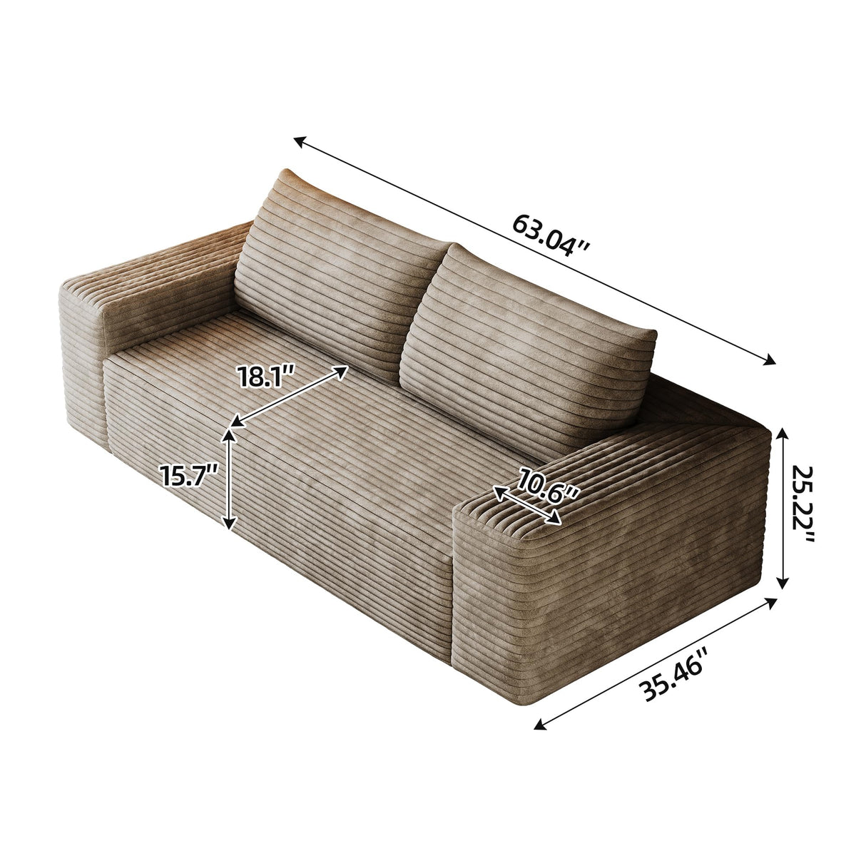RENDGO 63" Cloud Loveseat Sofa Couch,No Assembly Required 2 Seater Foam Floor Boneless Couches,Modern Apartment Deep Seat Sofas with Corduroy Fabric,Small Love Seat,Camel RENDGO