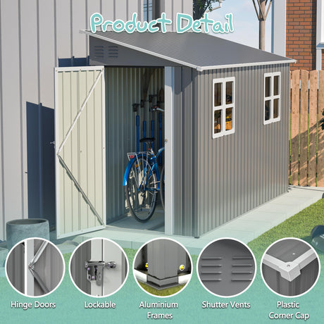 4x10FT Metal Shed with Floor Frame, Lean to Shed with 2 Windows, Outdoor Storage Shed for Garden Backyard Patio, Outside Large Tool Shed for Tools& Bicycle Storage Mulcoony