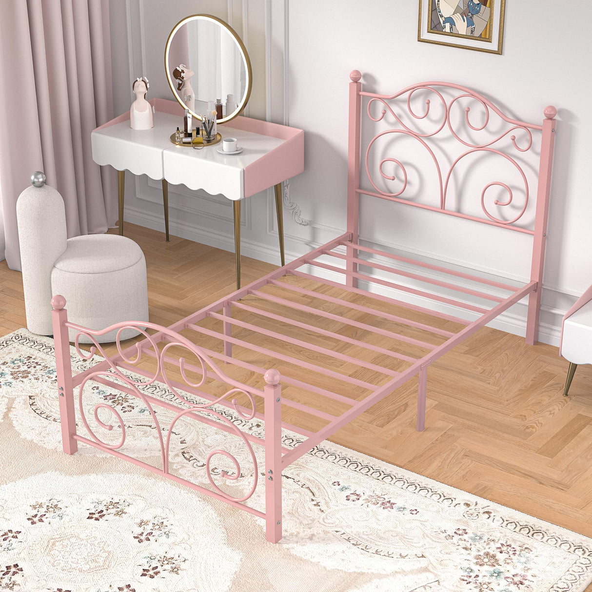 VECELO Twin Size Bed Frame with Headboard and Footboard, Heavy Duty Metal Slat Support, Platform Mattress Foundation, No Box Spring Needed, Easy Assembly, Light Pink VECELO