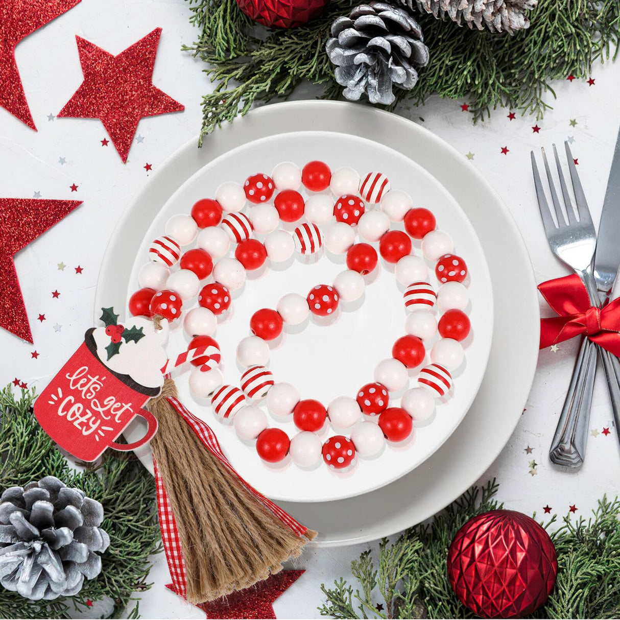 IMIKEYA Wooden Beads Garland: Farmhouse Wood Bead Garland for Tiered Tray Christmas Hanging Pendant Wood Bead Pendant Boho Wooden Garland Modern Farmhouse Decor IMIKEYA