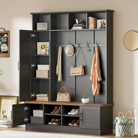 Merax Farmhouse Wood Hall Tree with Shoe Bench and 2 Drawers, 4-in-1 Coat Rack with 6 Hooks for Entrance, Hallway, Mudroom Black Merax