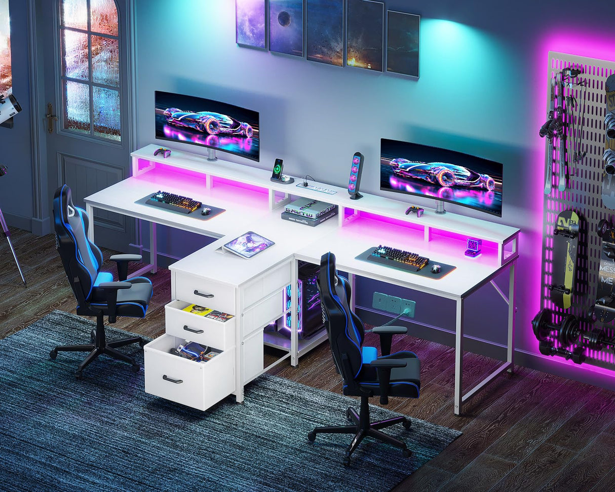 Coleshome 94" Computer Desk with Fabric Drawers & File Cabinet- 2 Person Home Office Desks with Power Outlet & LED Light, Long Writing Desk with Monitor Stand, Storage Shelves, Study/Work Table, White Coleshome