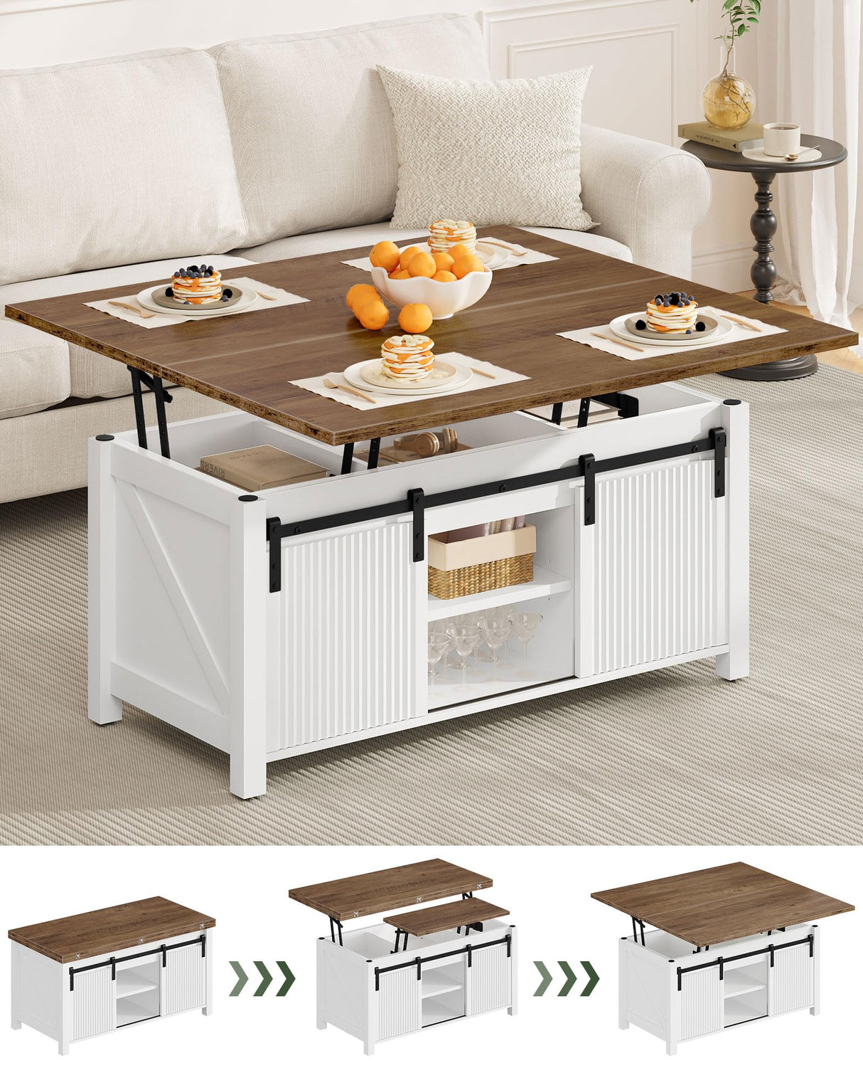 CHOEZON Coffee Table Lift Top, 4 in 1 Convertible Coffee Table, Farmhouse Coffee Tables, with Hidden Compartments, with Sliding Doors, for Living Room, Apartment, White and Walnut MKF01WL CHOEZON