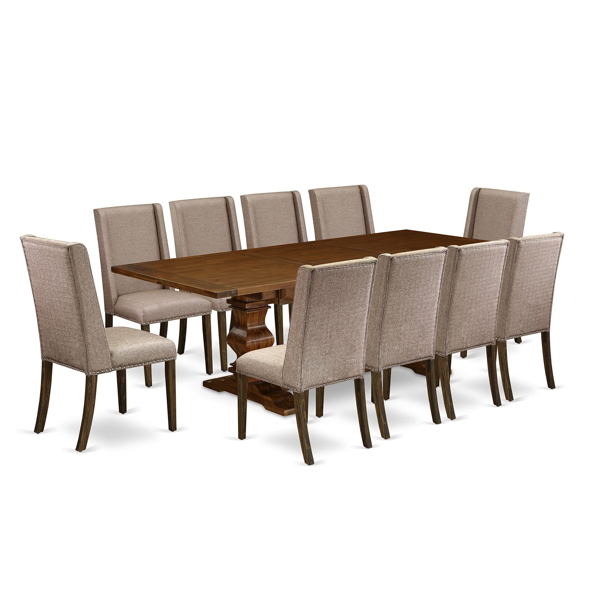 East West Furniture Lassale 11 Piece Dinette Set Includes a Rectangle Table with Butterfly Leaf and 10 Dark Khaki Linen Fabric Parson Dining Chairs, 42x92 Inch, Antique Walnut - WoodArtSupply