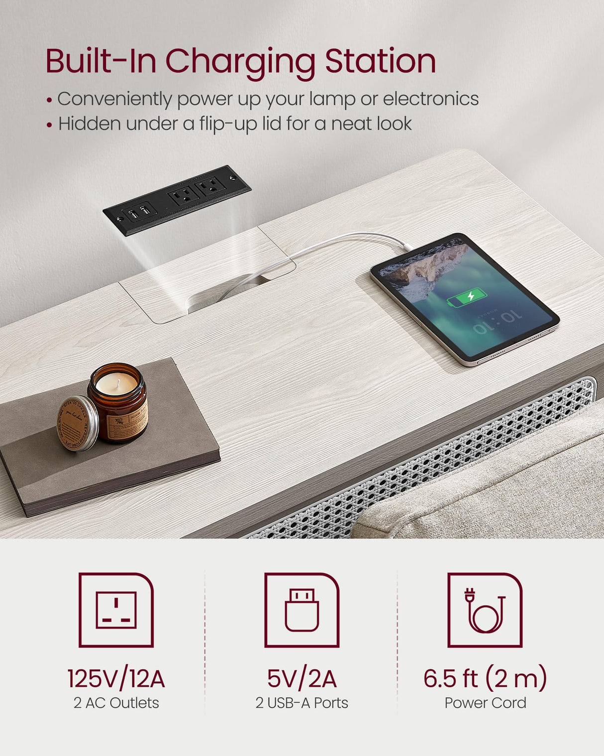 VASAGLE Console Table with Power Outlets, Entryway Table with Storage Shelf, Sofa Table with Drawer, Open Compartment, Rounded Corners, for Living Room, Boho Style, Oatmeal Beige ULNT140K66 VASAGLE