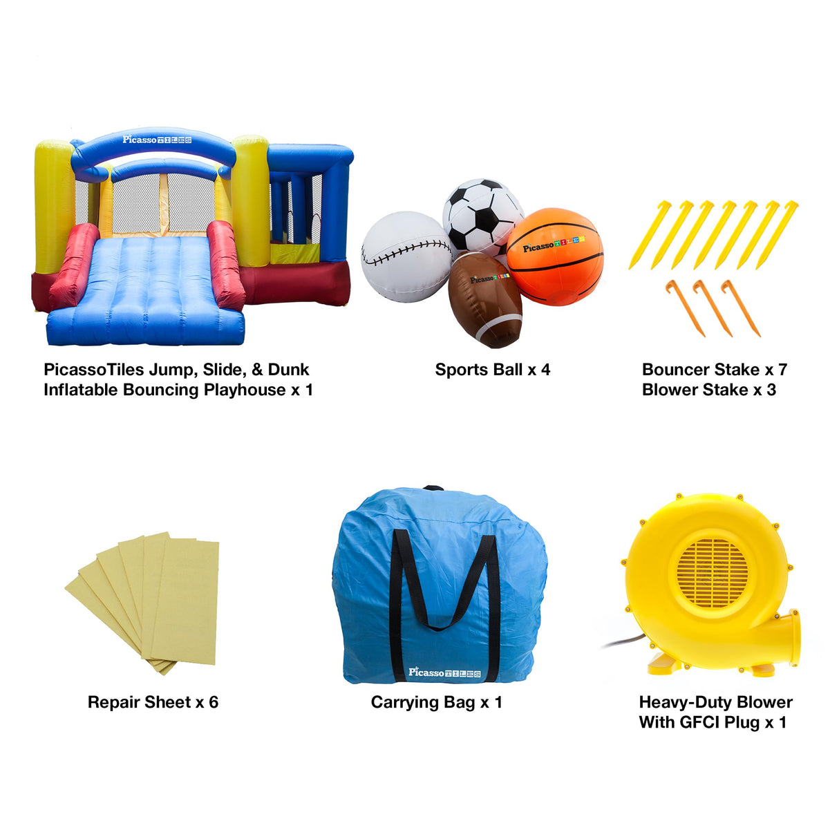 [Upgrade Version] PicassoTiles KC102 12x10 Foot Inflatable Bouncer Jumping Bouncing House, Jump Slide, Dunk Playhouse w/Basketball Rim, 4 Sports Balls, Full-Size Entry, 580W ETL Certified Blower PicassoTiles