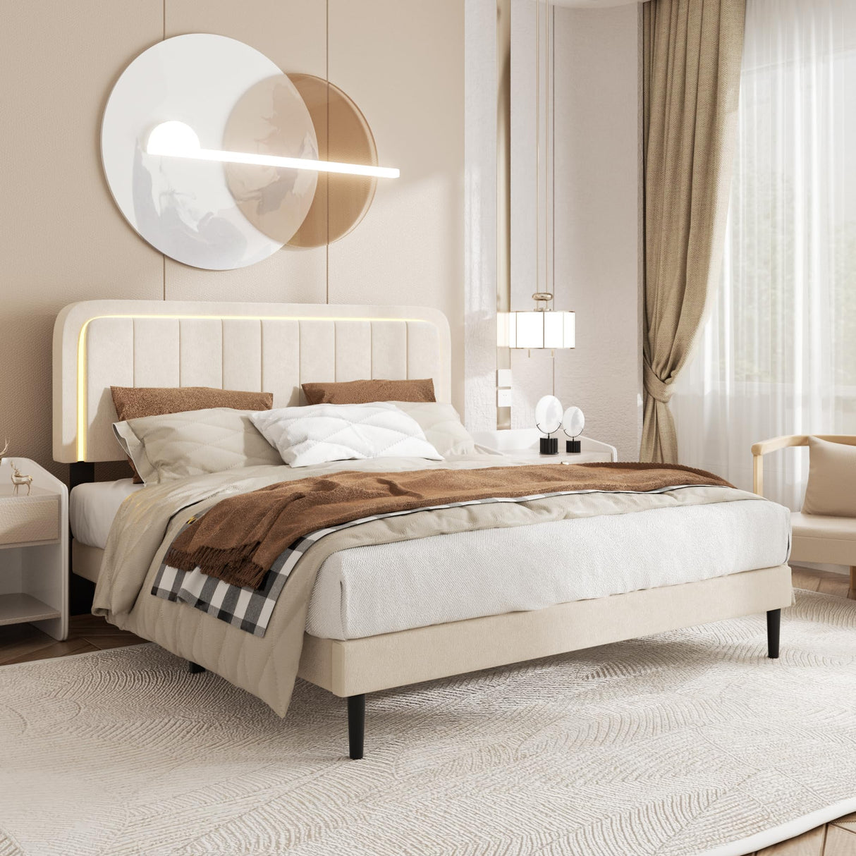 CXVX Adjustable Velvet Platform Full Size Bed with LED Lights, Charging Station & Wooden Slats, Upholstered Bed Frame with Headboard, Noise-Free Mattress Foundation, No Box Spring Required CXVX