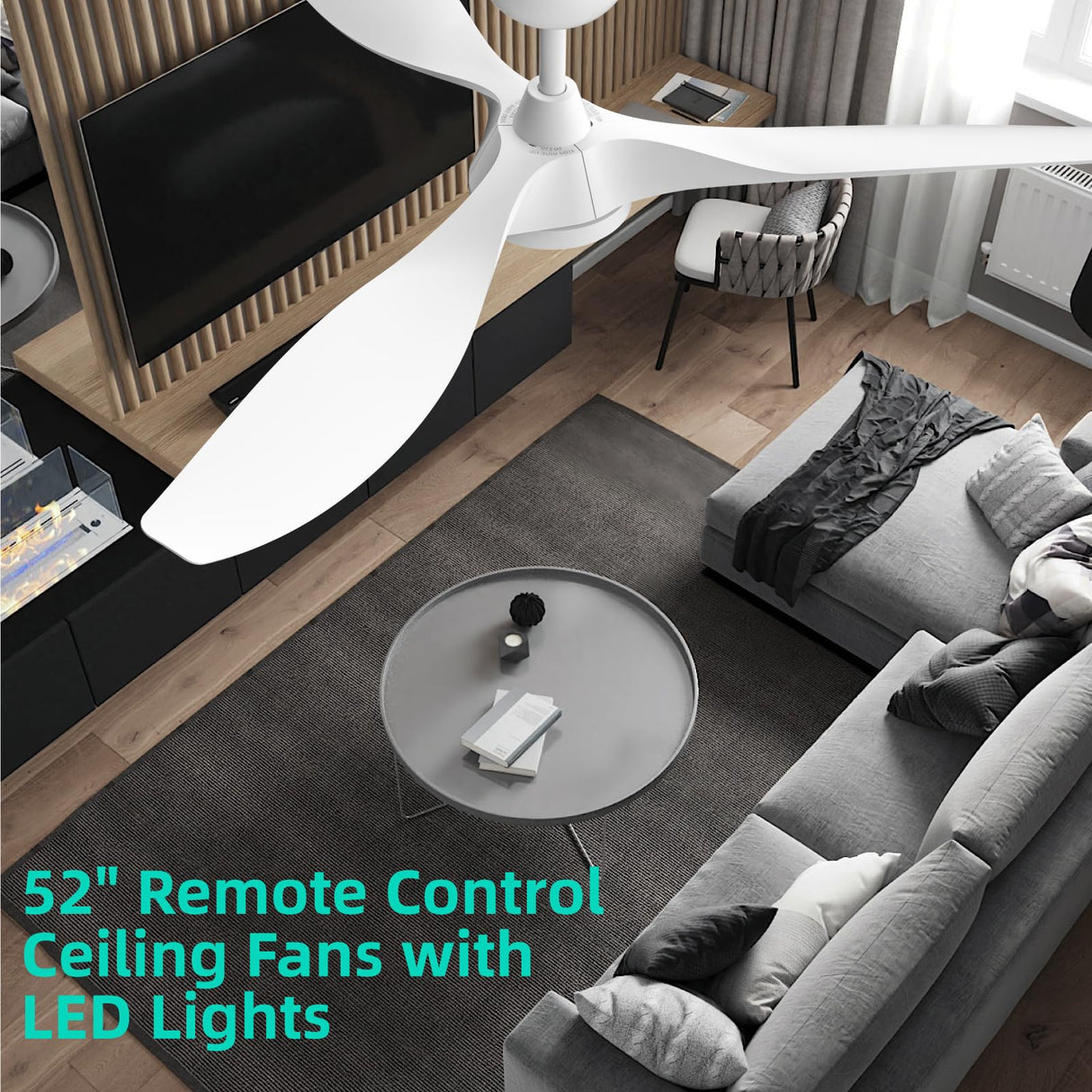 Roomratv Ceiling Fans with Lights,Large Airflow 52inch Modern Ceiling Fan with Quite Reversible DC Motor 3 Color Temperature LED Light (White) Roomratv