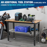 WORKPRO 48" Adjustable Workbench, Rubber Wood Top Heavy-Duty Workstation, 1500 LBS Load Capacity Hardwood Worktable with Power Outlets, Leveling Foot, for Workshop, Garage, Office, Home WORKPRO