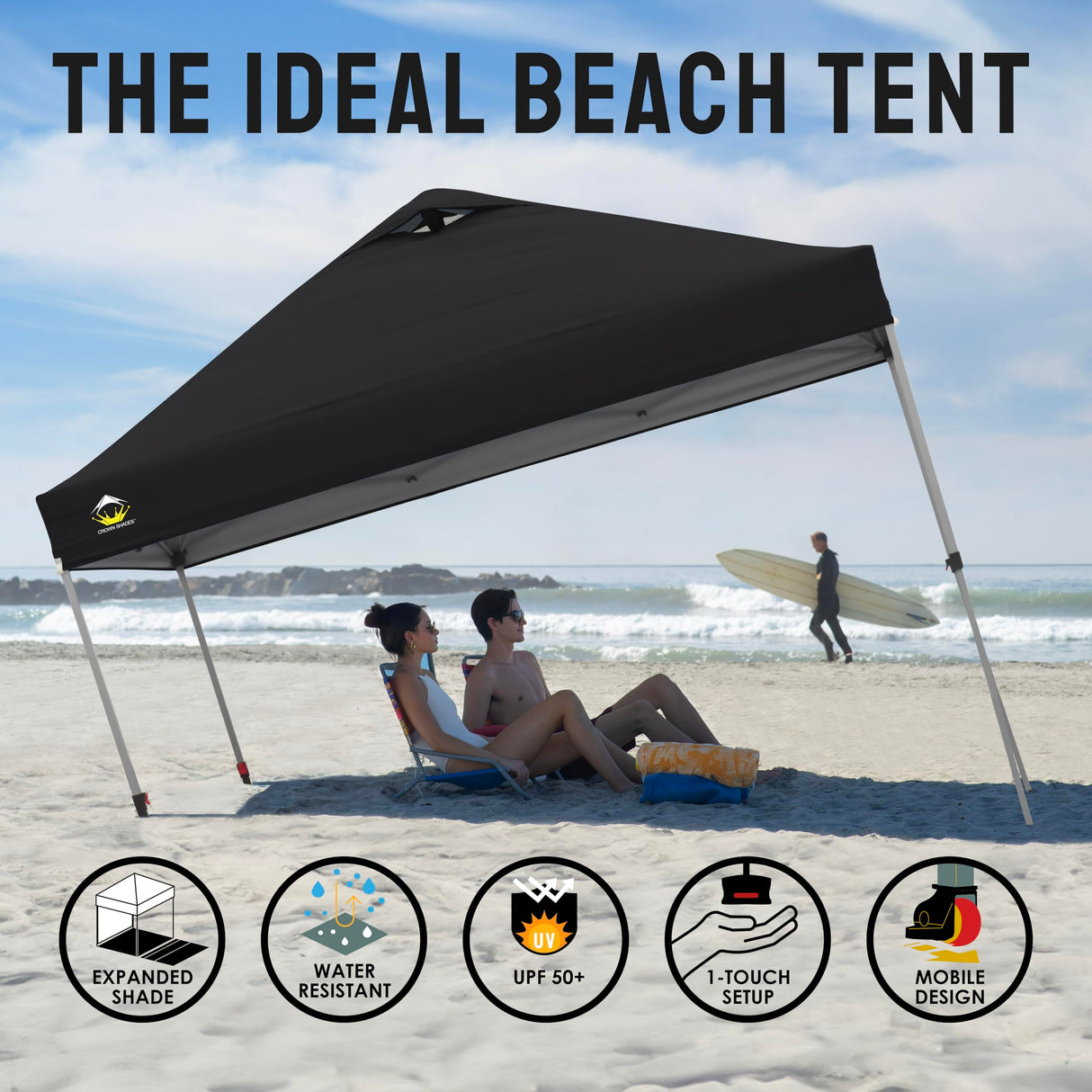 CROWN SHADES 10x10 Pop Up Canopy - Beach Tent with One Push Setup - Outdoor Sun Shade for Events, Parties, Camping - Gazebo with STO-N-Go Cover Bag, Silver Coated Top, 3 Height& 4 Sand Bags, Coffee CROWN SHADES