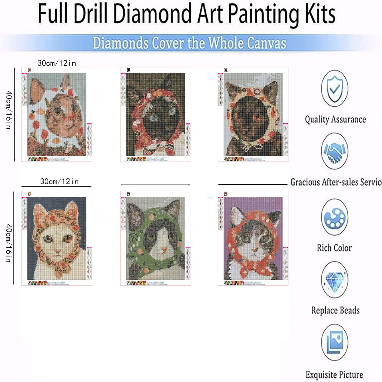 hyzsj 6 Pack 5D Diamond Painting Kits for Adults Beginners,DIY Round Full Drill Diamond Art Kits Cartoon Cat,Paint by Diamonds Gem Art Crystal Easy,Animal Home Wall Decor 12x16 Inch hyzsj