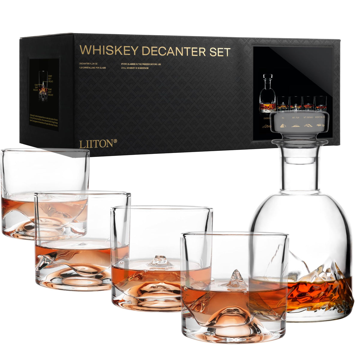 LIITON The Peaks Mountains Crystal Bourbon Whiskey Decanter Gift Set with 4 Old Fashioned Glasses, Premium Luxury Gifts for Men, Vodka, Scotch, Liquor, 1,000 ML LIITON
