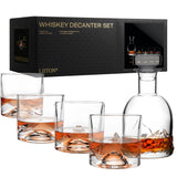 LIITON The Peaks Mountains Crystal Bourbon Whiskey Decanter Gift Set with 4 Old Fashioned Glasses, Premium Luxury Gifts for Men, Vodka, Scotch, Liquor, 1,000 ML LIITON