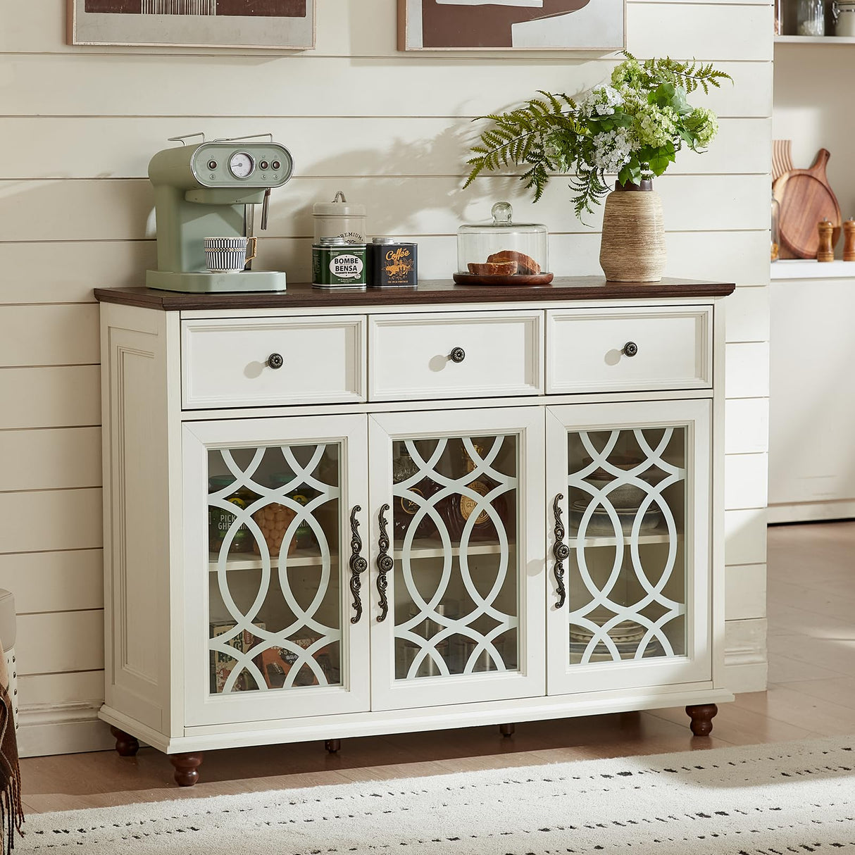 Joaxswe Farmhouse Sideboard Buffet Cabinet with Storage,48" Large Credenza with 3 Glass Doors & 3 Drawers,Adjustable Shelves Console Table,Wood Kitchen Coffee Bar for Dining Room,Living Room,White Joaxswe