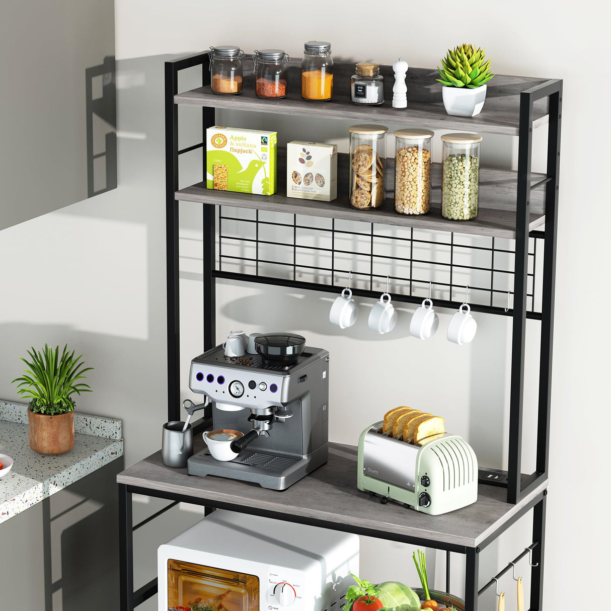 Shintenchi Bakers Rack with Power Outlet, Large Storage Space, 10 Hooks Coffee Bar with Metal Wire Panel, High Microwave Stand, Classic Kitchen Storage Shelf Design, Grey Shintenchi