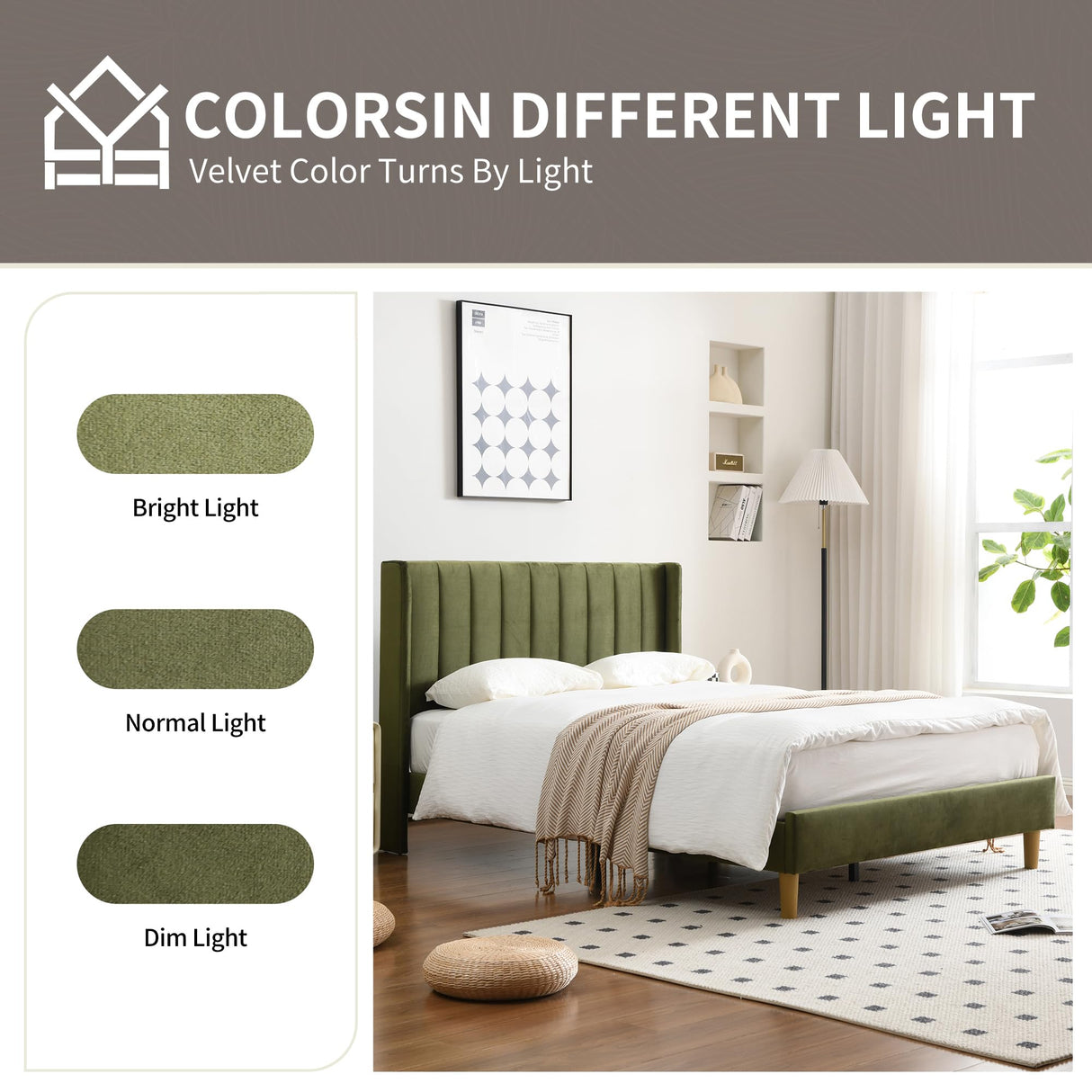 YUHUASHI upholstered Platform Bed Frame/King Bed Frame/Modern Geometric Double-Wing Design headboard/Velvet Fabric/Easy to Assemble no Noise (Grass Green, King (U.S. Standard)) YUHUASHI