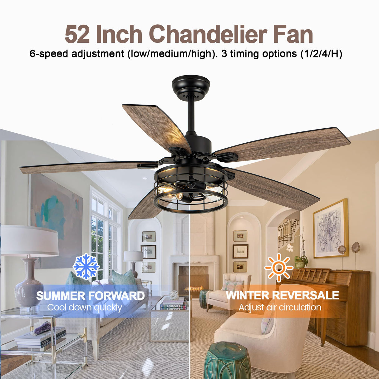 Curve Curio 52 Inch Farmhouse Ceiling Fan with Light and Remote Black Industrial Ceiling Fan Quiet and Reversible DC Motor Rustic Caged Chandelier Fan for Living Room Bedroom Patio Curve Curio