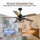 Curve Curio 52 Inch Farmhouse Ceiling Fan with Light and Remote Black Industrial Ceiling Fan Quiet and Reversible DC Motor Rustic Caged Chandelier Fan for Living Room Bedroom Patio Curve Curio