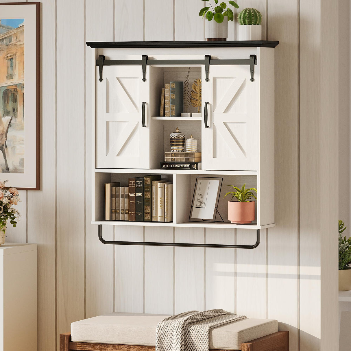 IRONCK Bathroom Wall Cabinet, Farmhouse Medicine Cabinet with Sliding Barn Door and LED Lights, Storage Cabinet Wall Mounted with Adjustable Shelves & Towel Bar for Bathroom, Kitchen, White IRONCK