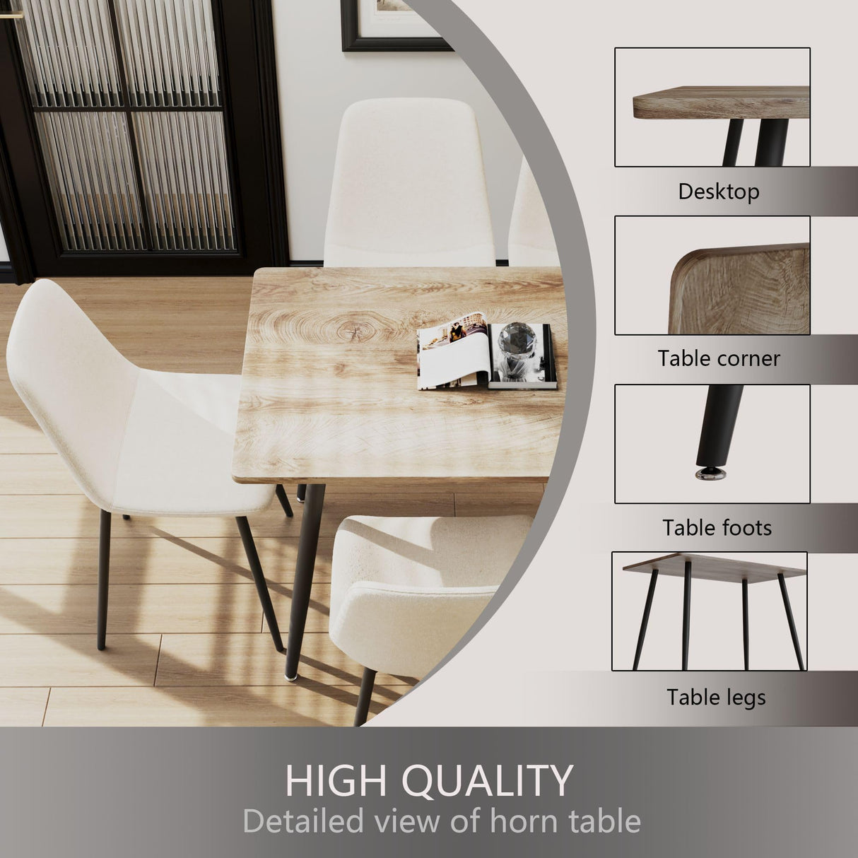 Small Dining Table Set for 4, Modern Dining Table and Chairs Set with 4 Fabric Dining Chairs, 5 Piece Wooden Dining Table Set, 47'' Kitchen Table Set, Ideal for Small Spaces Hilknen