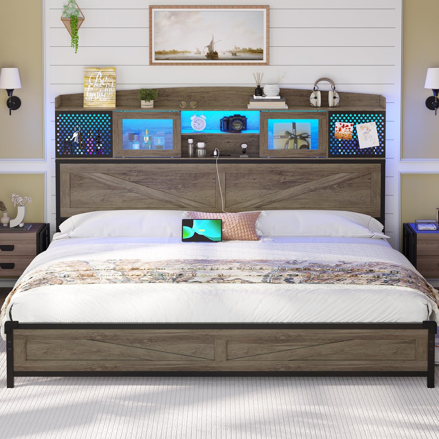 BTHFST Farmhouse Bed Frame King Size with Charging Station, King Size Bed Frame with Storage Headboard & LED Lights, King Platform Bed with Sliding Doors & Metal Slats Support, Noise-Free, Rustic Oak