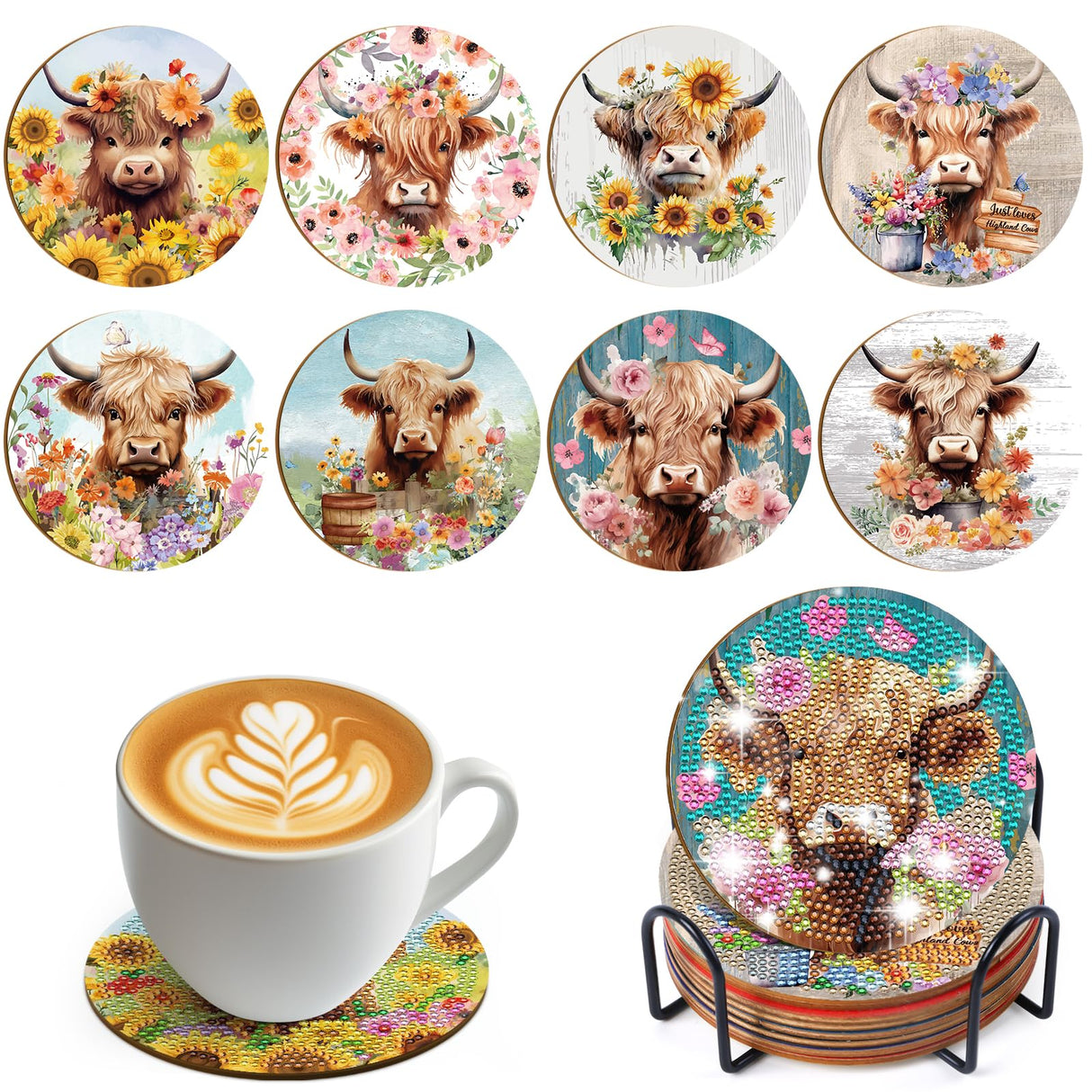 Sitsink Highland Cow Diamond Painting - 8 Pcs Highland Cow Lover Diamond Painting Coaster Kits for Adults, DIY Coasters Diamond Painting Kits Highland Cattle, Diamond Painting Coaster Kits with Holder Sitsink