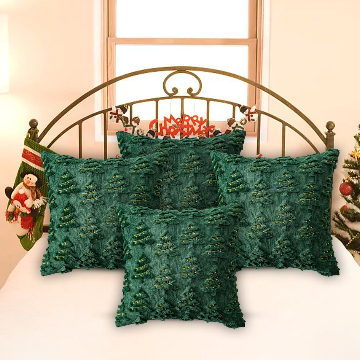 4 Pcs Christmas Throw Pillow Covers 18x18, Soft Faux Fur Pillow Cases Holiday Decorations, Fluffy Plush Accent Couch Cushion Case for Festivals Winter Sofa Living Room Home Decor(Green Tree) janbrm