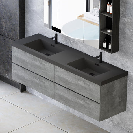 Floating Vanity Bathroom, 60 Inch Bathroom Vanity with Sink, Wall Mounted Double Sink Bathroom Vanity, Soft Closed 2 Drawers, Integrated Sink (Dark Birch) VUMALL