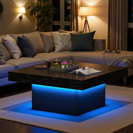 Osparple 35" Coffee Table with Storage, Small Coffee Table with LED Light, Wood Square Accent Center Sofa Side Tables for Living Room, Black Osparple