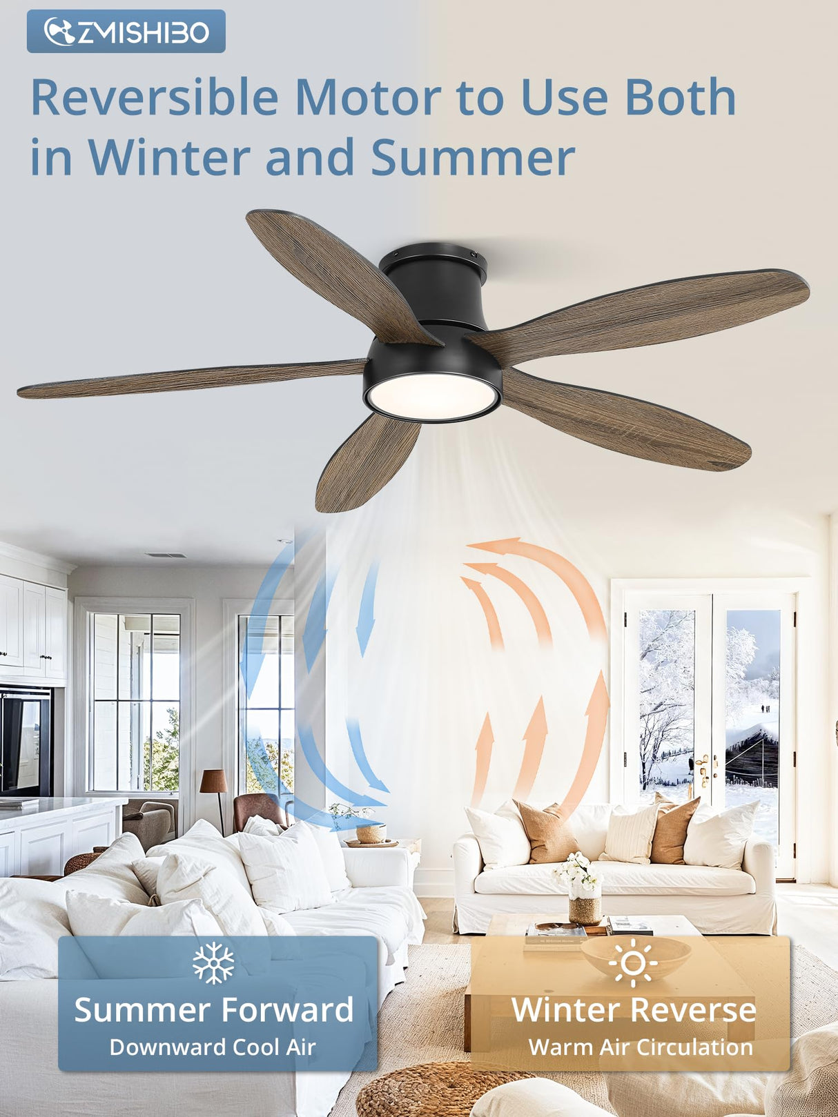 ZMISHIBO 52 Inch Ceiling Fans with Lights, Flush Mount Low Profile Ceiling Fan with Remote, Reversible, 3CCT, Noiseless, LED Ceiling Fan Lighting Fixture for Bedroom, Kitchen, Indoor-Black ZMISHIBO