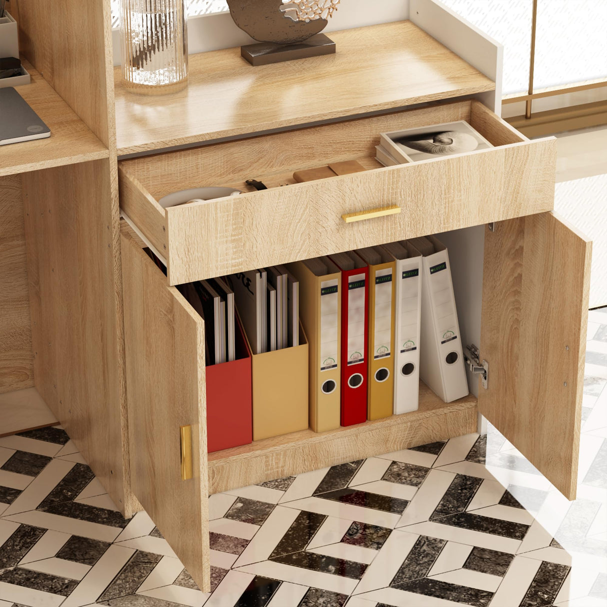 ECACAD Oak & White Reception Desk with Keyboard Tray, Retail Counter with Cabinet, Checkout Counter Table for Office Clinic Retail Lobby Salon ECACAD