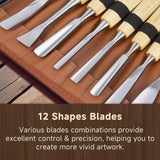 Falling in Art 12Pcs Wooden Carving Chisel Set, Long Handle Woodworking Tools Set with a Leather Pouch, Full Size Knife Gouge Kit for Carving Projects, Ideal for Beginners and Professionals Falling in Art