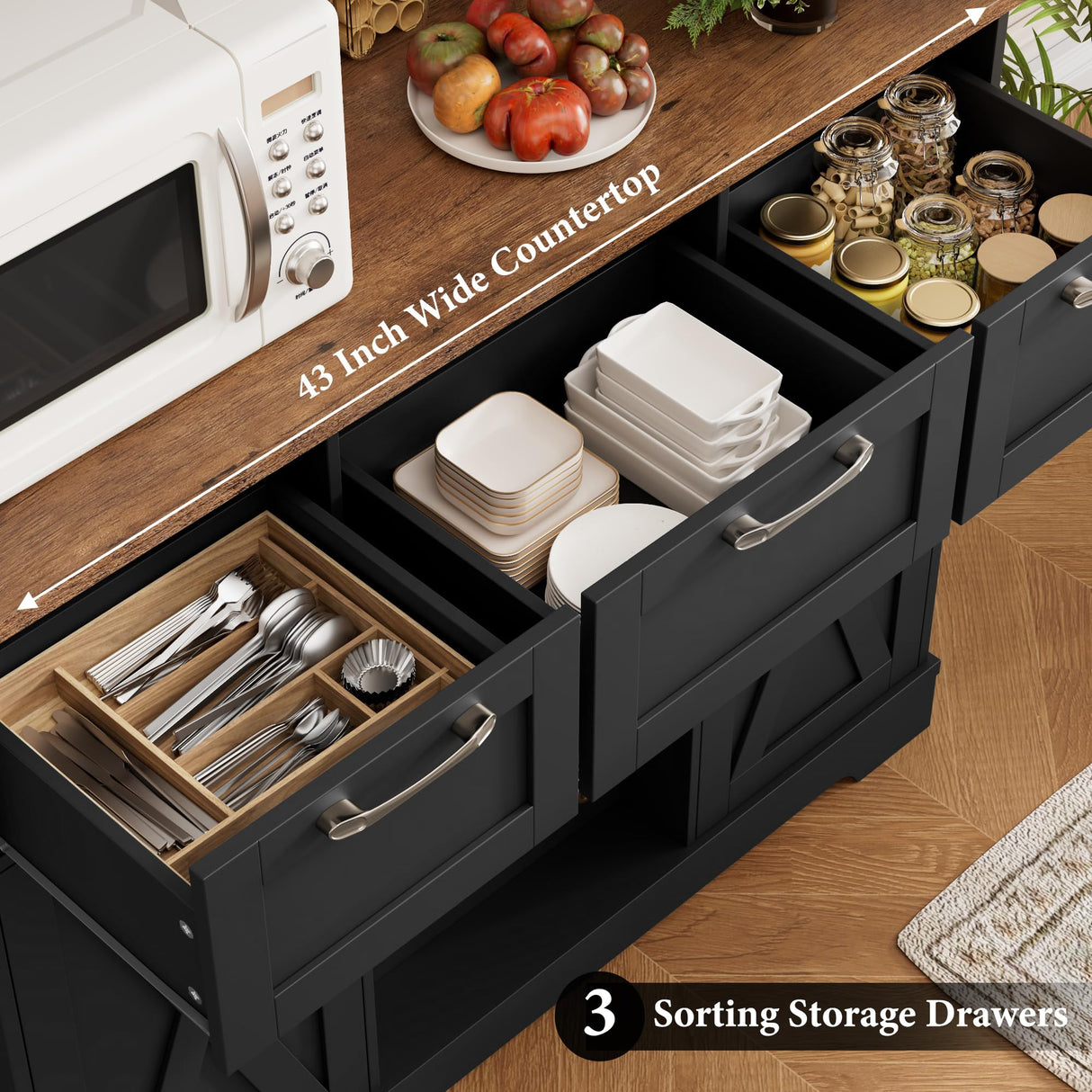 HIFIT 72" Large Kitchen Pantry Storage Cabinet with Barn Doors & Shelves, Farmhouse Tall Kitchen Hutch Wood Bar Cabinet w/3 Drawers, Microwave Stand, Cupboard Wine Rack for Dining Room, Pantry, Black HIFIT