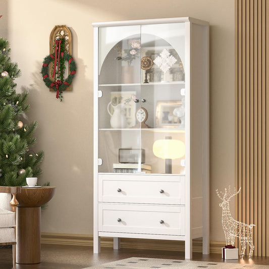 𝓢𝓪𝓾𝓭𝓲𝓼𝓶 Display Cabinet With Glass Doors, White Arched Bookcase With Drawers, Tall China Curio Cabinet, Display Cases For Collectibles, Vintage Bookshelf For Ding Room, Bedroom, Living Room