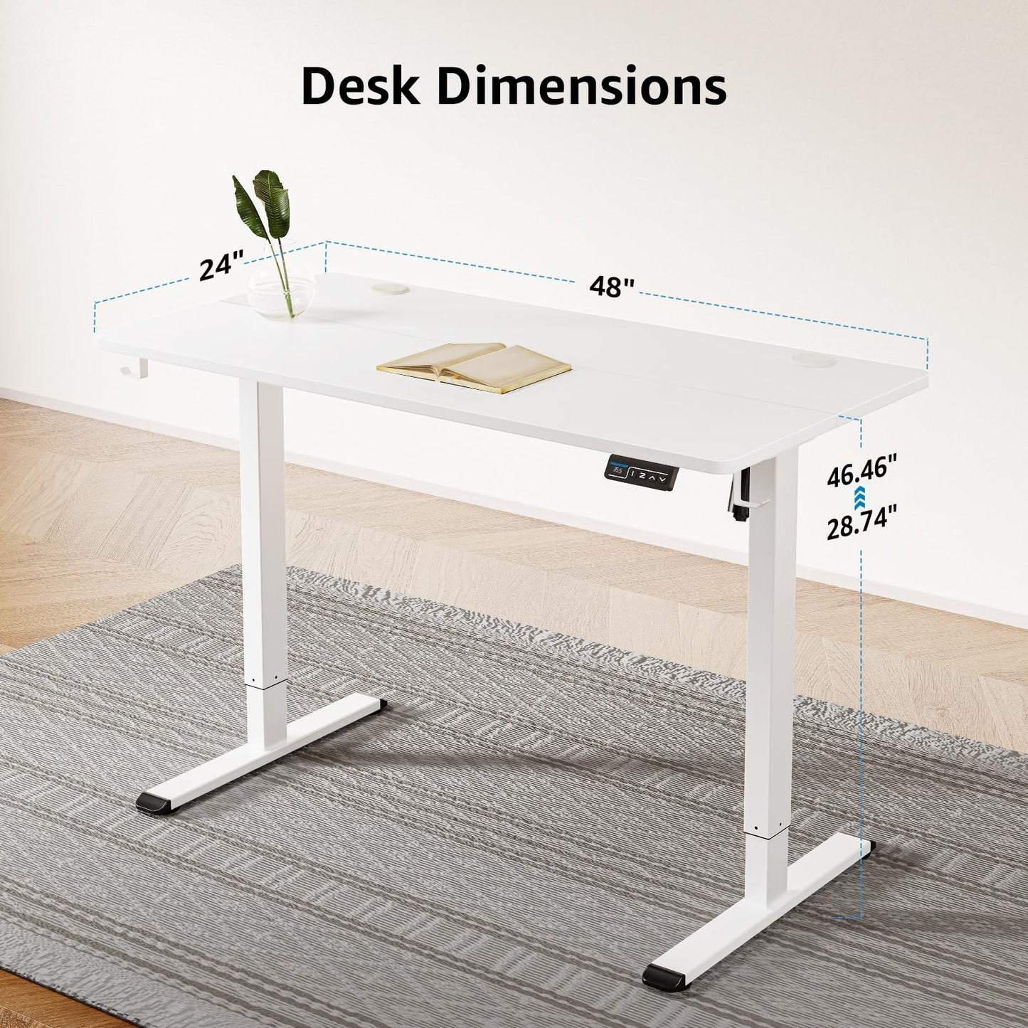 MOUNTUP Electric Height Adjustable Standing Desk, 48 x 24 Inches Sit Stand Desk with Memory Controller, Ergonomic Stand Up Desk for Home Office with Splice Board, White - WoodArtSupply