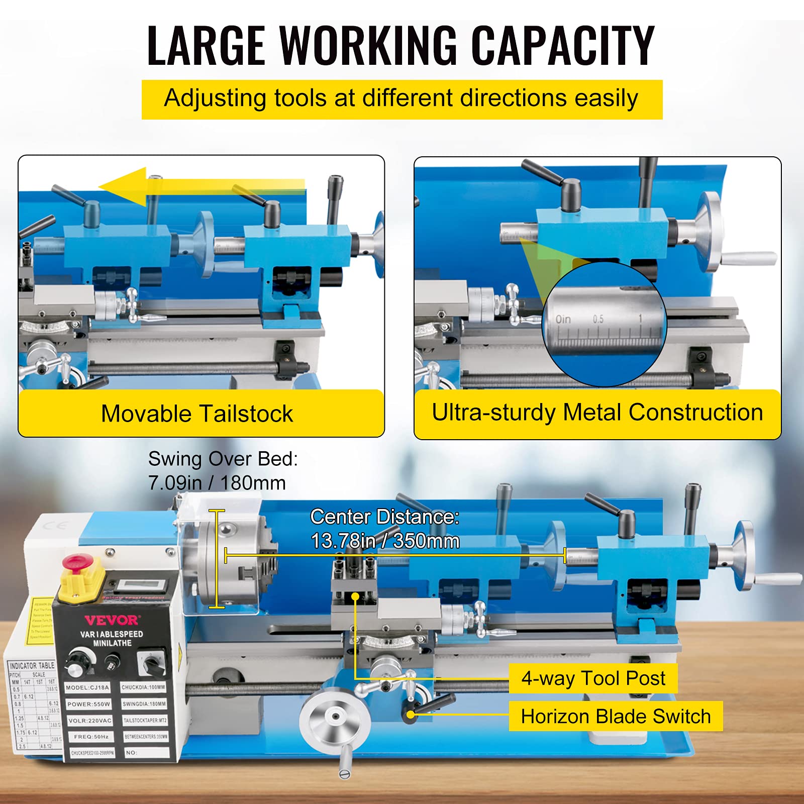 VEVOR Mini Metal Lathe, 7"x14", 550W Variable Speed 2250 RPM Metal Lathe, with 3-jaw Chuck Mini Lathe Machine Benchtop Metal Lathe Digital Display for Metal Turning - WoodArtSupply