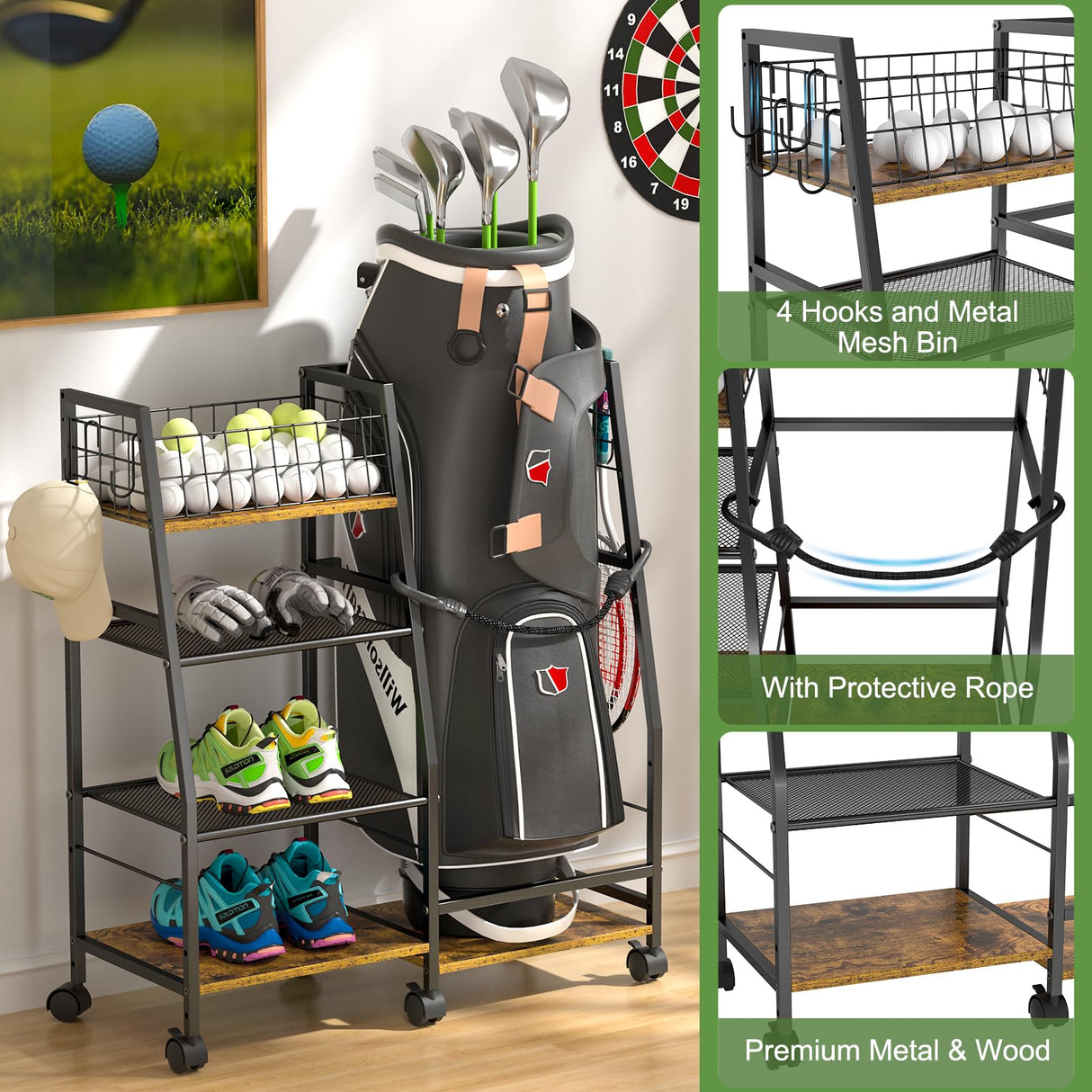 DAOUTIME Golf Bag Garage Storage Rack with Wheels, Organizer for Single Golf Bag and Equipment Accessories, Ideal for Home, Garage, Club, Shed, Basement - Sturdy Wood and Metal Construction (Black) DAOUTIME