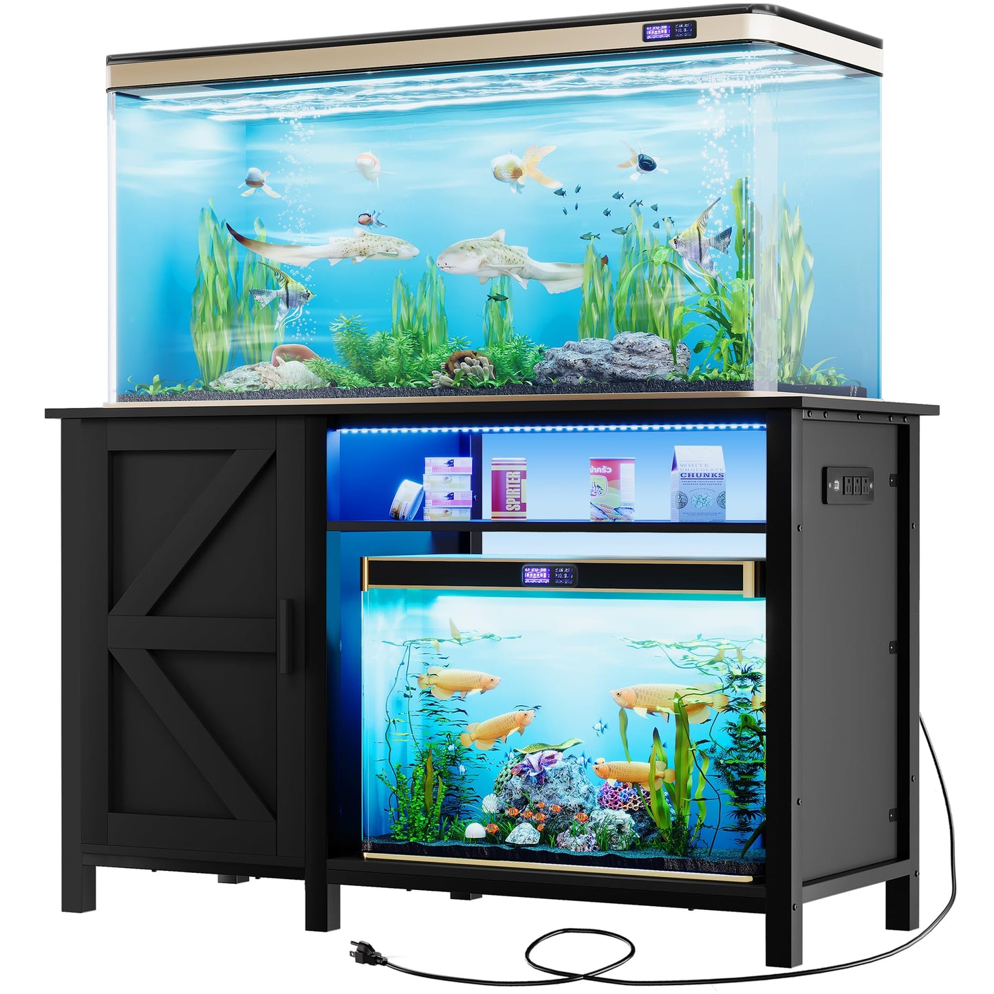 YITAHOME Aquarium Stand with Power Outlets, 55-75 Gallon Fish Tank Stand, Cabinet with RGB Light Strip Suitable for Turtle Tank, Reptile Terrarium, 900LBS Capacity, Black