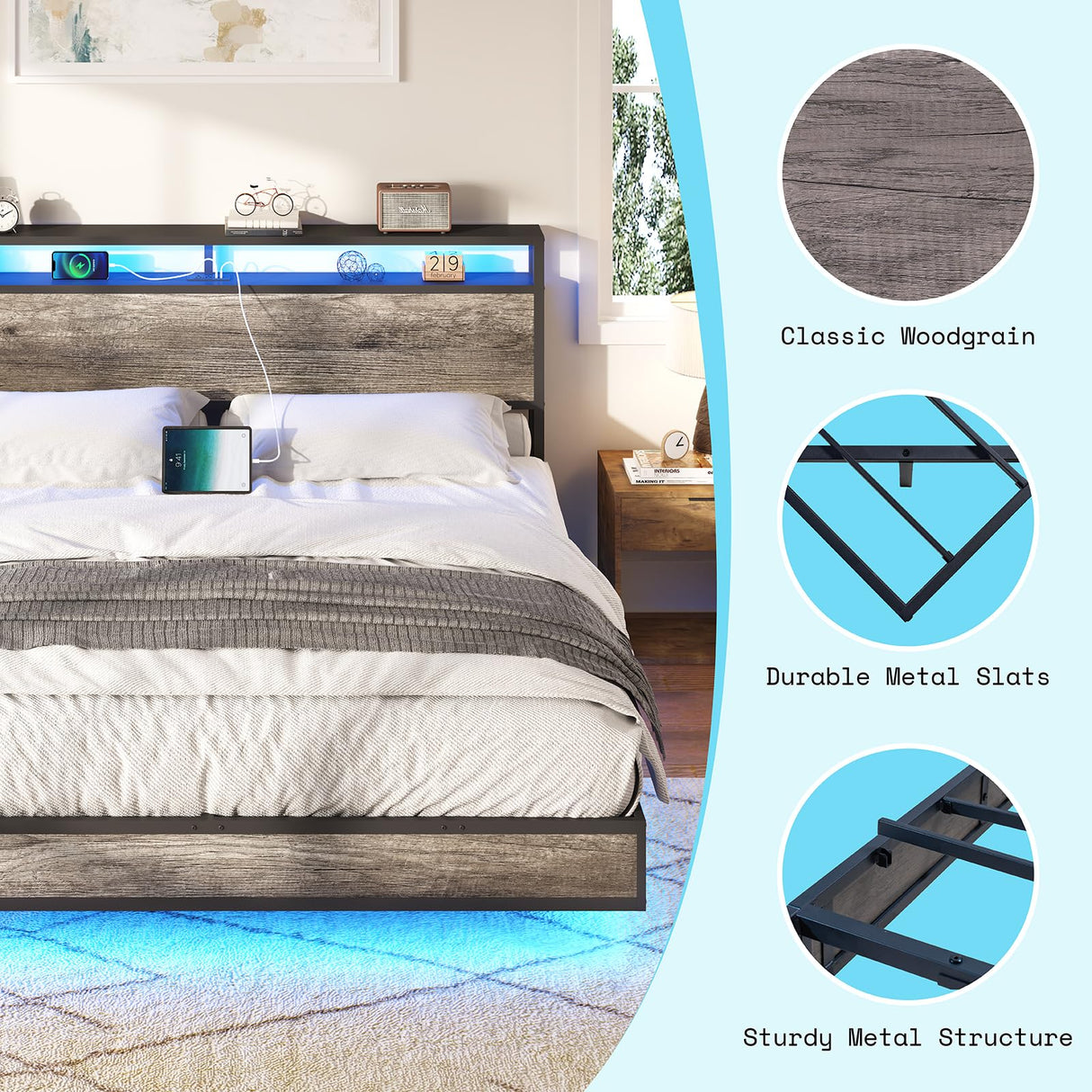 AMERLIFE King Size Industrial Floating Bed Frame with LED Lights and Charging Station AMERLIFE
