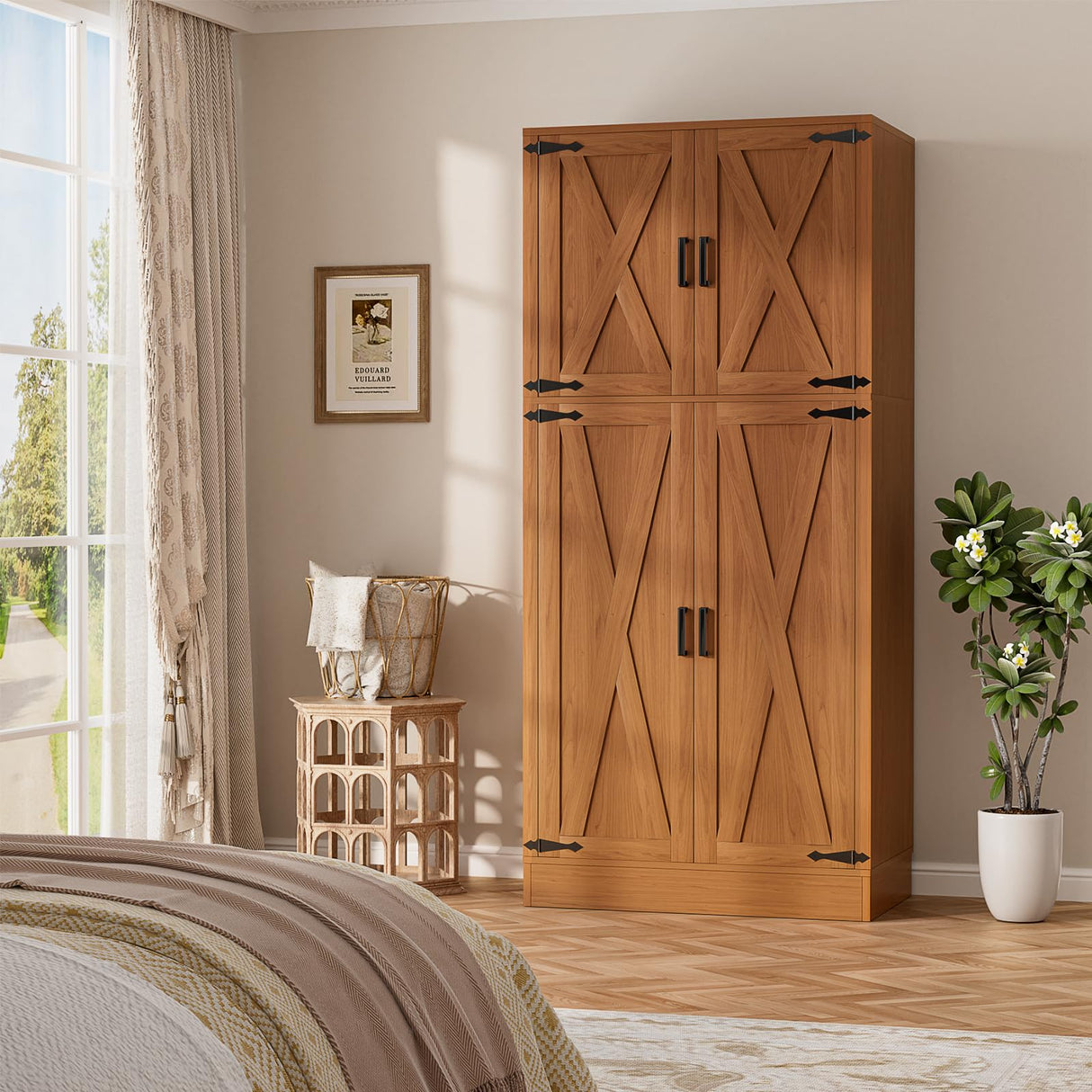 Unikito Armoire Wardrobe Closet, 71" Farmhouse Wooden Wardrobe with Adjustable Shelves and Hanging Rod, Freestanding Clothing Storage Cabinet Organizer for Bedroom Living Room Office, Highland Oak Unikito