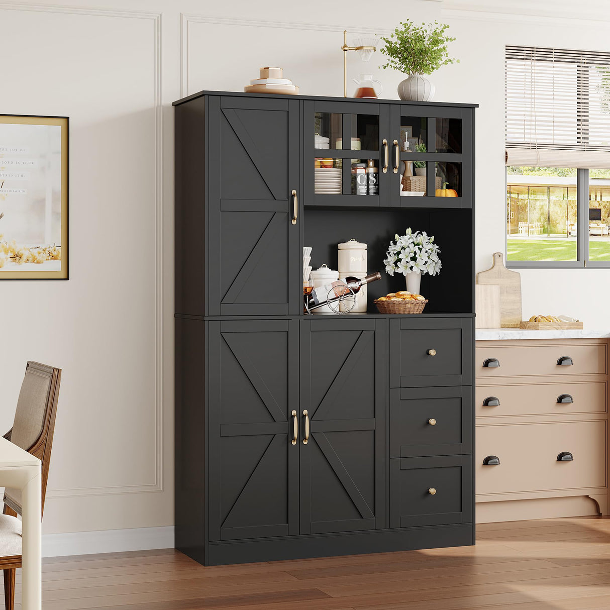 FINETONES Farmhouse Pantry Cabinet, Kitchen Pantry Storage Cabinet with Microwave Stand, Ktichen Hutch Food Pantry Cabinet with Open Countertop and Adjustable Shelf for Kitchen Dining Room, Black FINETONES