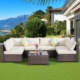 FHFO 7 Piece Outdoor Wicker Patio Furniture Set, Rattan Sectional Sofa Couch, Patio Conversation Set with Cushion & Coffee Table, for Backyard Poolside Porch Garden, Brown-Beige FHFO